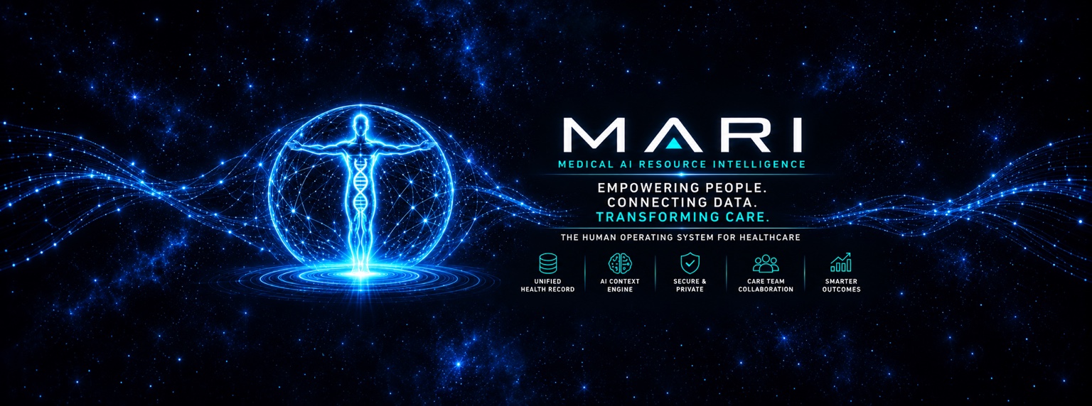 Wide MARI concept artwork: a luminous human figure inside a glowing health sphere, with the words Empowering people. Connecting data. Transforming care. — The Human Operating System for Healthcare